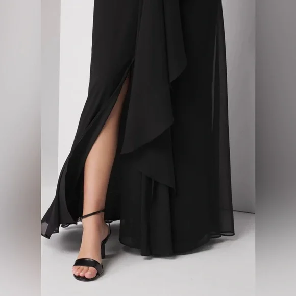 White House Black Market Sleeveless Draped Gown 4P Black V-Neck Chiffon Lined - Picture 4 of 16